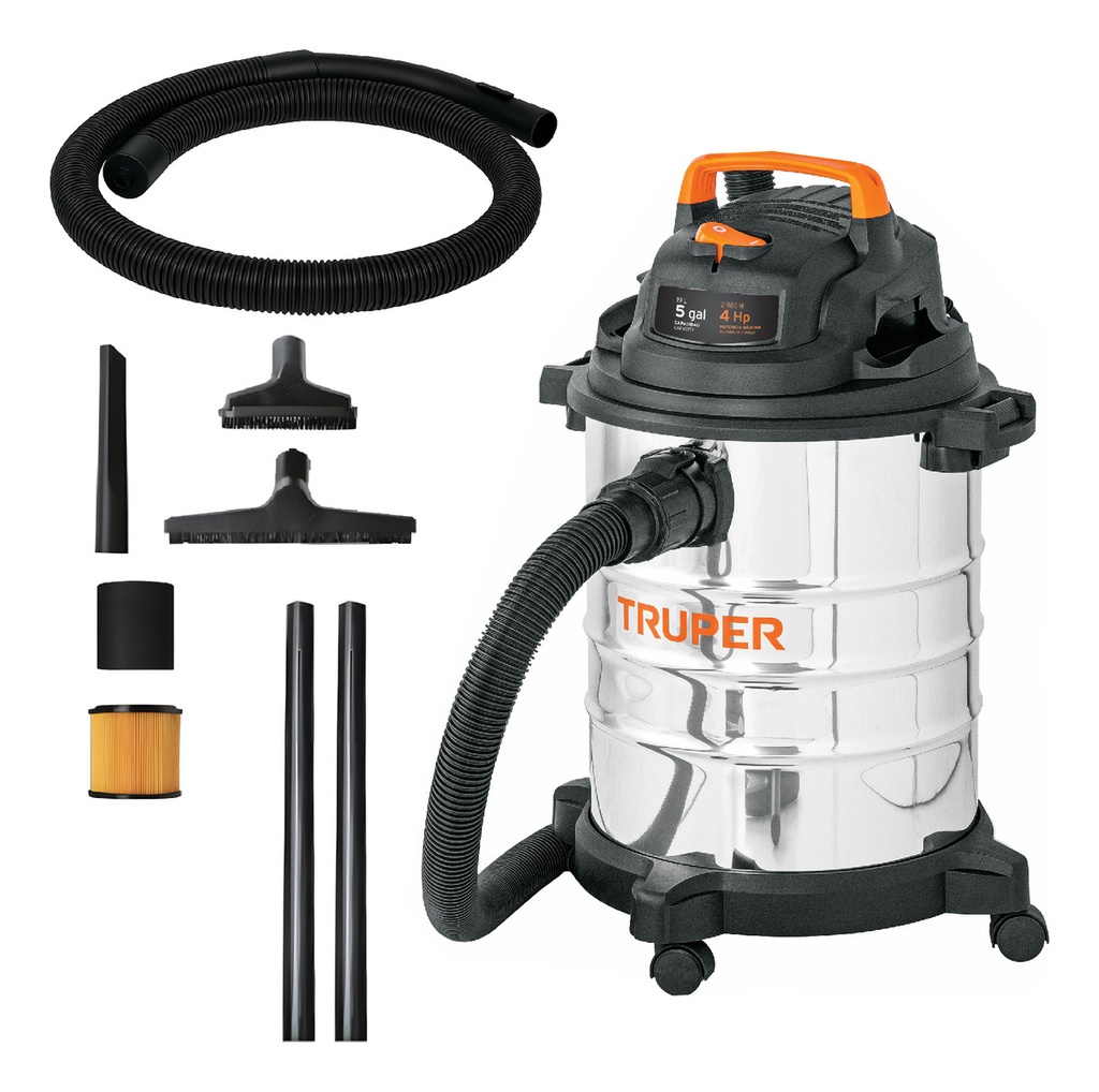 [TR-ASP-5X] Aspiradora Truper Seco Mojado 5 Gal 4 Hp 127 V 60 Hz Acero Inoxidable Ideal Para Limpieza Industrial Accesorios Incluidos Ideal Para Limpieza Profesional De Sólidos Y Líquidos Asp-5x Plateado/negro