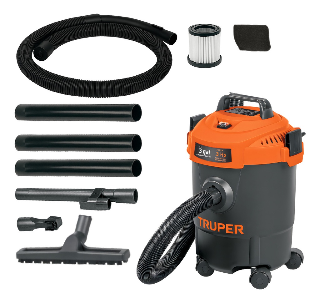 Aspiradora Truper Seco Mojado 3 Gal 3 Hp 60 Hz Filtro Hepa Accesorios Incluidos Ideal Para Limpieza Asp-03n Negro
