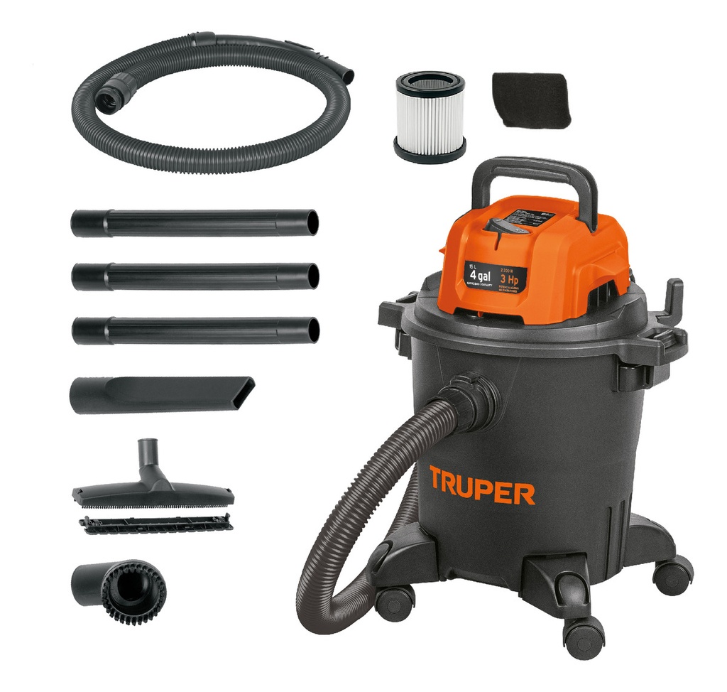 Aspiradora Truper Seco Mojado 4 Gal 3 Hp 127 V 60 Hz Filtro Hepa Accesorios Incluidos Ideal Para Casa, Carro O Taller Asp-04n Negro