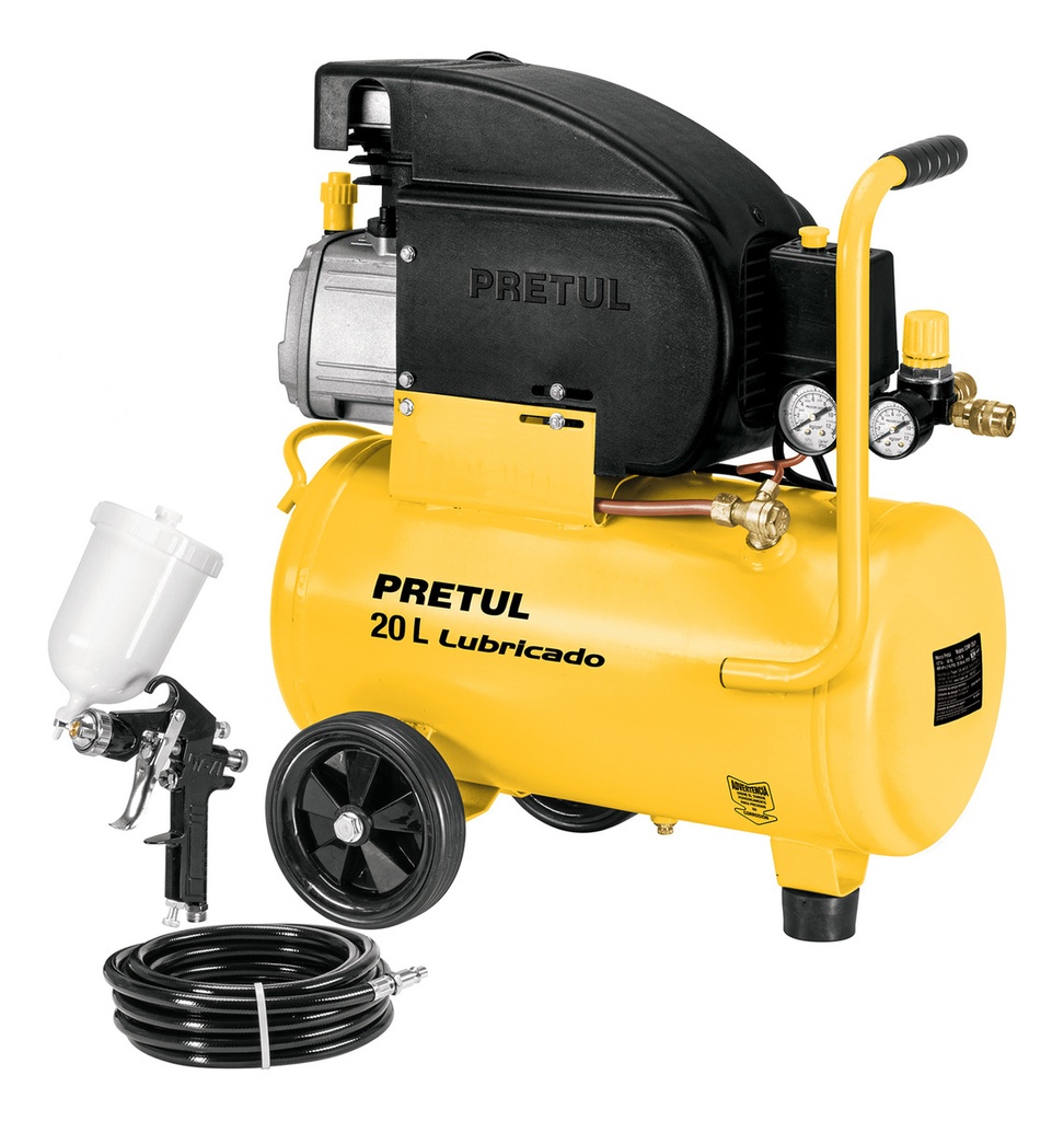 Compresor 20l 2 1/2hp Pistola De Gravedad Y Manguera 5m Pretul Comp-kit20p3 Color Amarillo Frecuencia 60 Hz