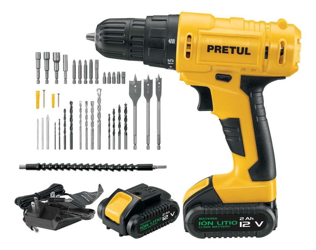 Kit Taladro/destornillador 3/8 , 12v Con 33 Accesorios Pretul Tali-12pk2 Amarillo 60 Hz