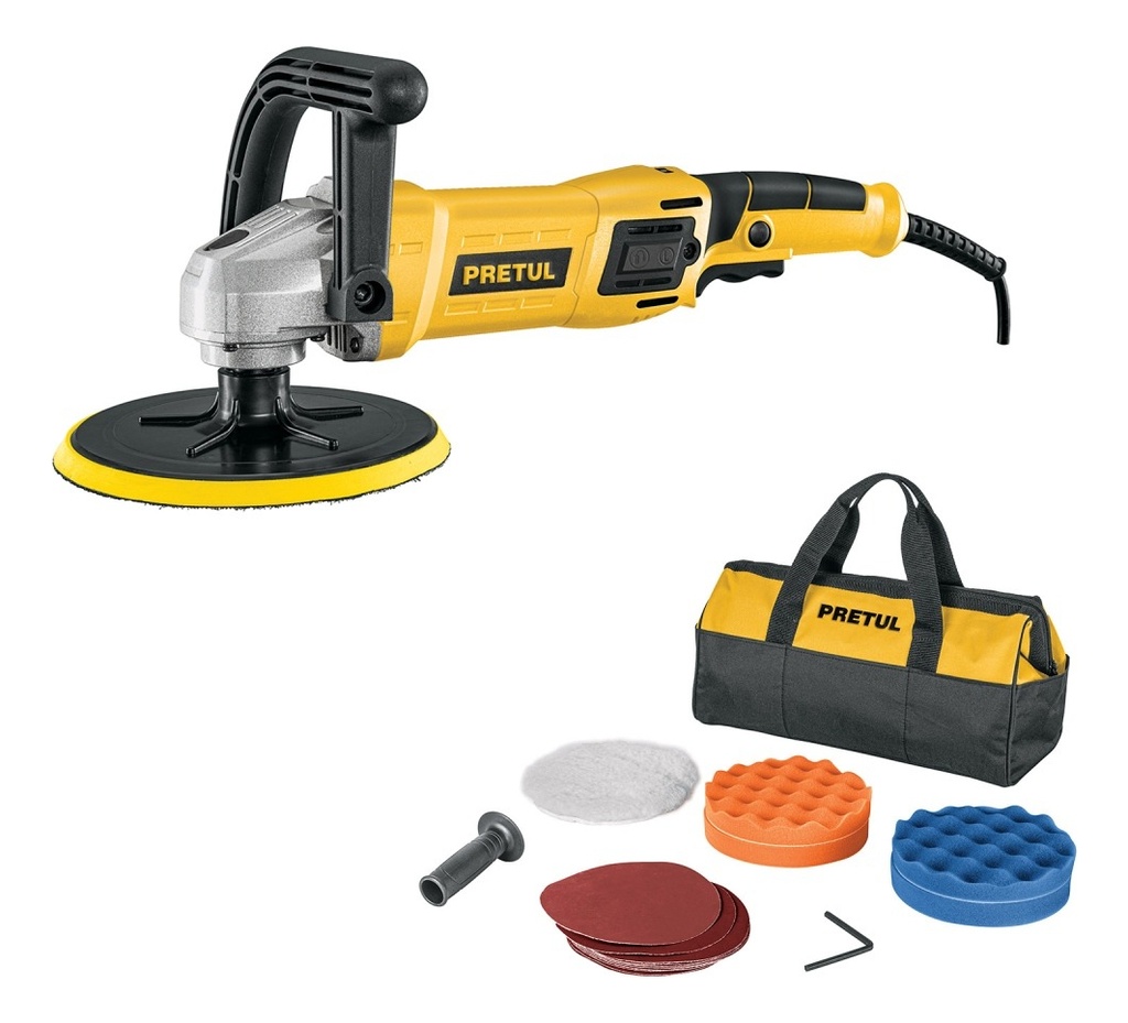 Pulidora 7'' 1200 W, Velocidad Variable + Accesorios Color Amarillo Pretul Pula-7p