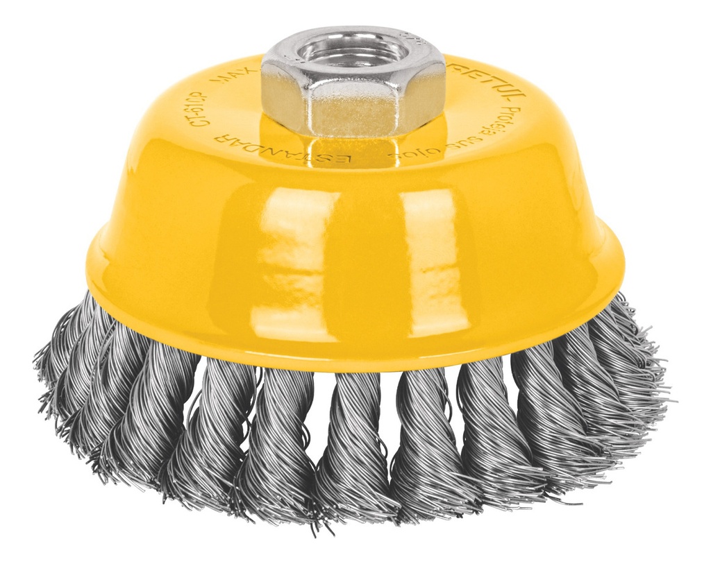 [TR-CT-610P] Carda Copa 4" Alambre Trenzado Fino Eje 5/8 Color Amarillo Pretul Ct-610p