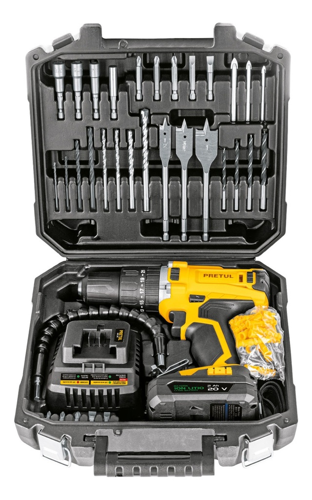 Kit Rotomartillo/destornillador 1/2 , 20v Con 32 Accesorios Pretul Roti-20p2k Amarillo