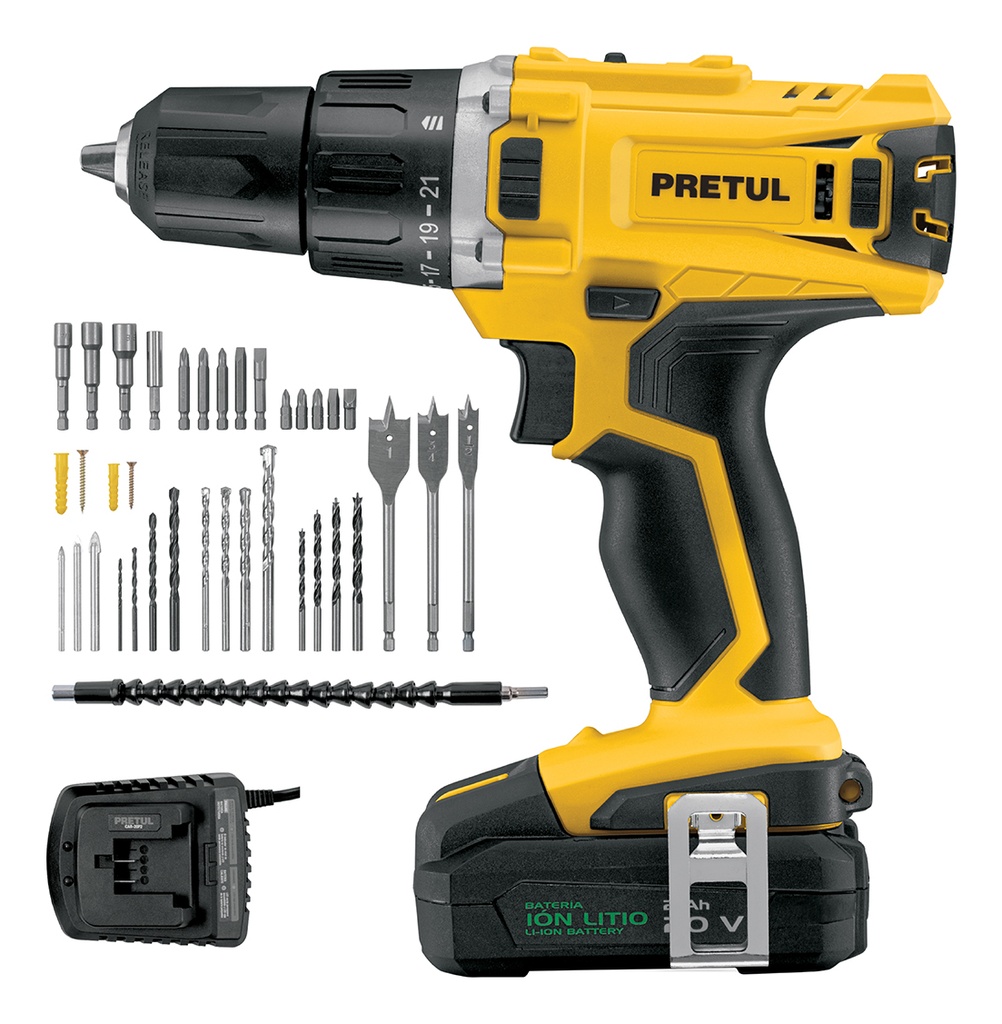 Kit Taladro/destornillador 1/2 , 20v Con 32 Accesorios Pretul Tali-20p2k Amarillo
