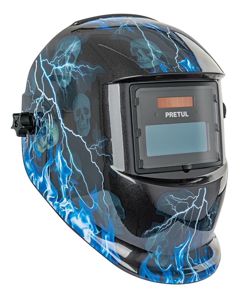 [TR-CAREL-11RP] Careta Electrónica Para Soldar Sombra 9-13, Rayos, Pretul Negro/azul Llamas