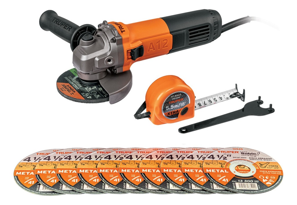 Esmeriladora 4-1/2 700w 10discos Y Flexómetro Truper Comboe-4-1/2a12 Color Naranja