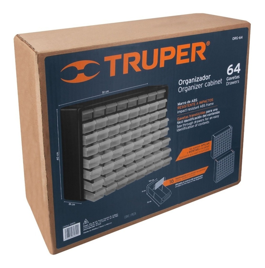 [TR-ORG-64] Caja De Herramientas Organizador Truper 10895 Color Negro
