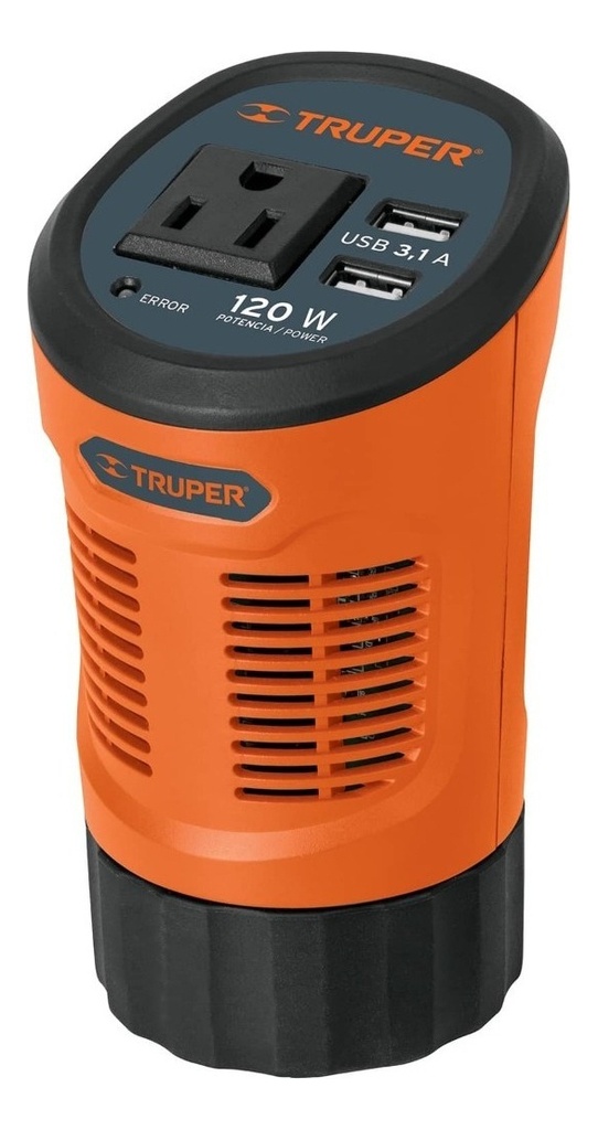 Inversor De Corriente Para Carro Tipo Vaso, 120 W, 2 Puertos Usb, Truper Inco-120