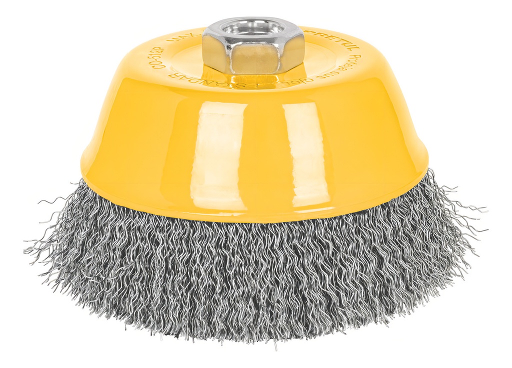[TR-CO-512P] Carda Copa 5" Alambre Ondulado Fino Eje 5/8 Color Amarillo Pretul Co-512p