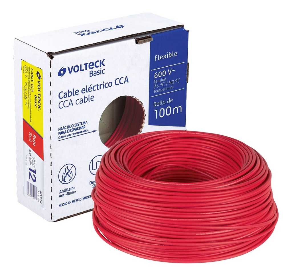 Cable Eléctrico Cal 12 Alucobre 100 M Rojo Volteck Cca-12r