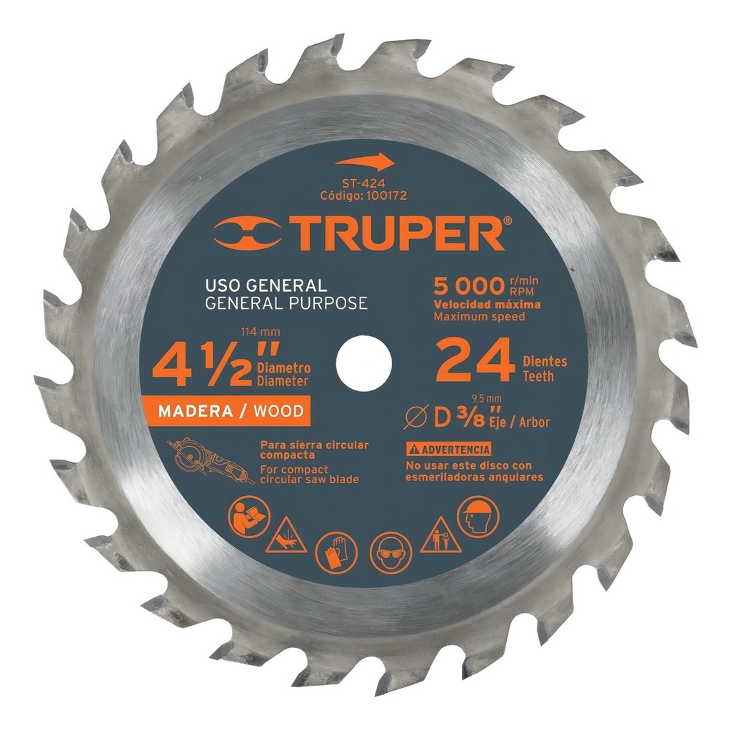 [ST-424] Disco Sierra P/madera 4-1/2" 24d Centro 3/8" Truper 100172