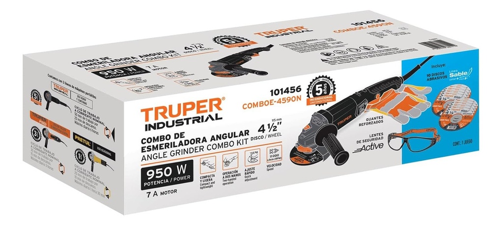 Combo Esmeriladora 4-1/2 Discos, Lentes Y Guantes Comboe-4590n Truper