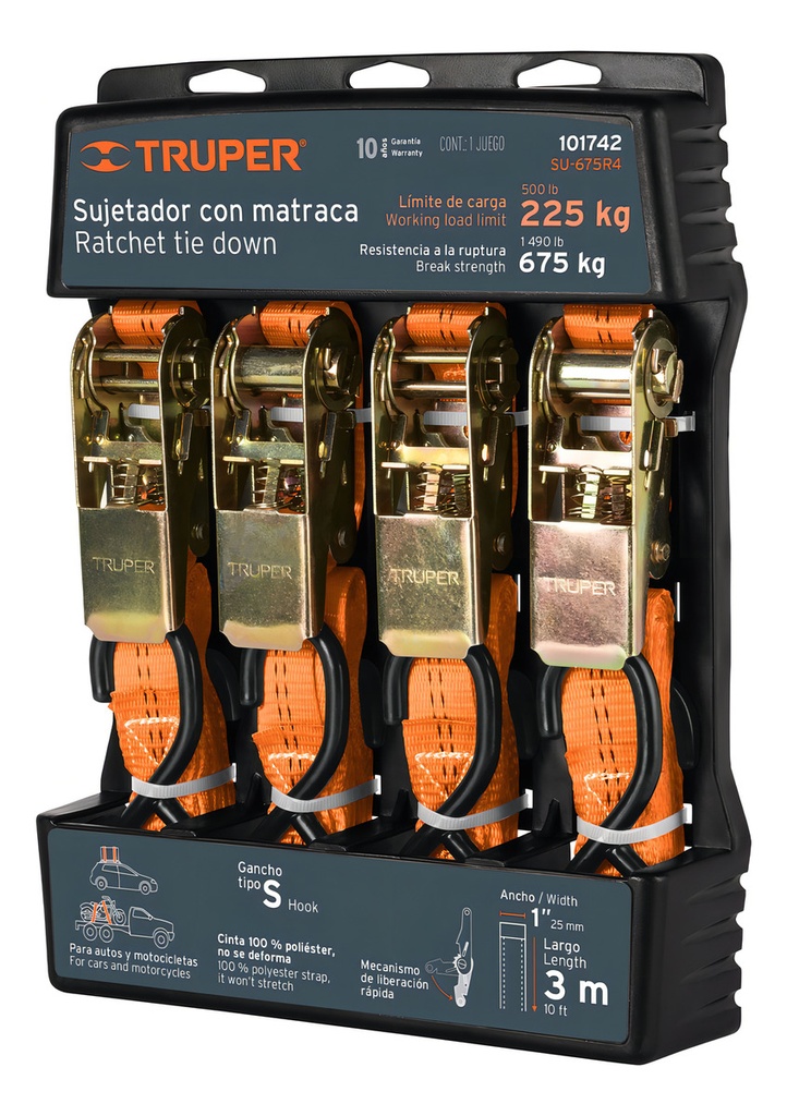 [SU-675R4] Sujetador Con Matraca 675 Kg 4 Piezas Truper 101742 Color Naranja