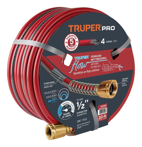 Manguera Super Reforzada 1/2'' 30 Metros Conex Met Truper Man-30x1/2x 102528 Color Rojo