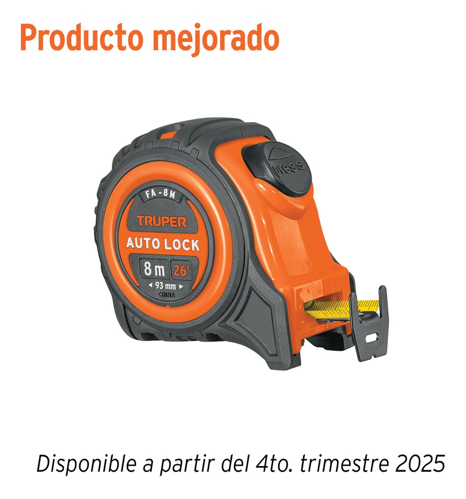 [FA-8M] Flexómetro Auto-lock Contra Impactos 8 M Cinta 25 Mm, Truper