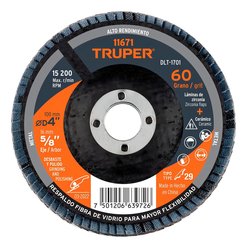 [DLT-1701] Disco Laminado 4"grano 60 Centro 5/8" Truper 11671