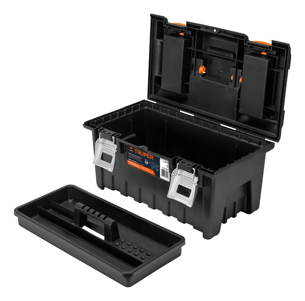 [CHA-19S] Caja Herramienta 19" Compartimentos Y Broches Truper 11811 Color Negro/naranja