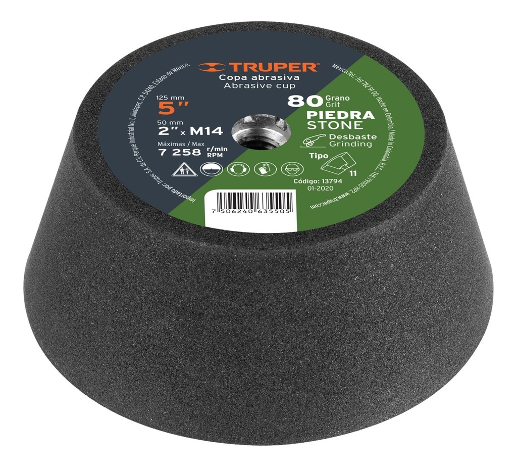 Copa Desbaste, 5'', 14 Mm, Grano 80 Para Piedra Truper 13794