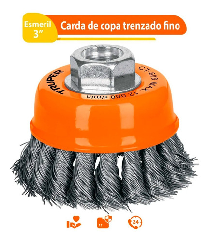 Carda Copa, Alambre Trenzado Fino, 3' Esmeril Truper 14186 Naranja