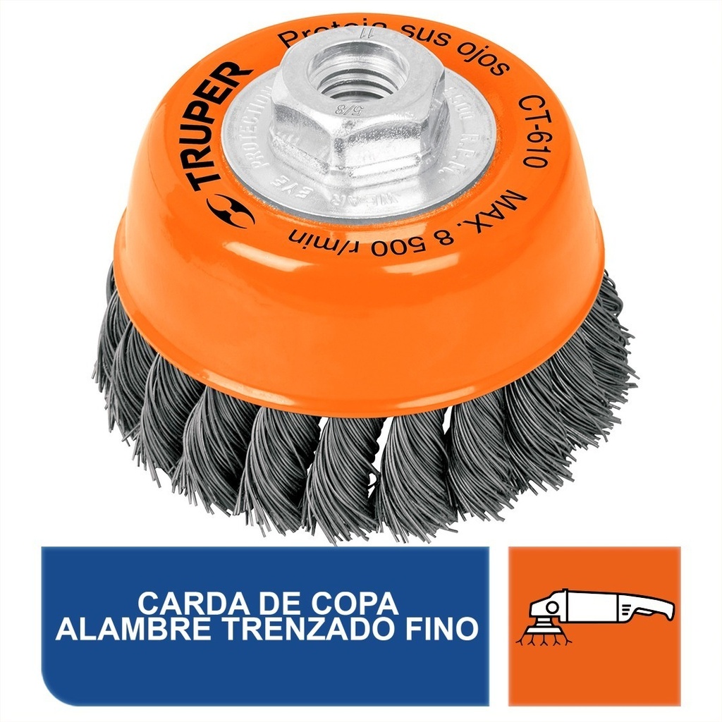 [TR-CT-610] Carda Copa, Alambre Trenzado Fino, 4" Esmeril, Truper, 14187 Color Naranja