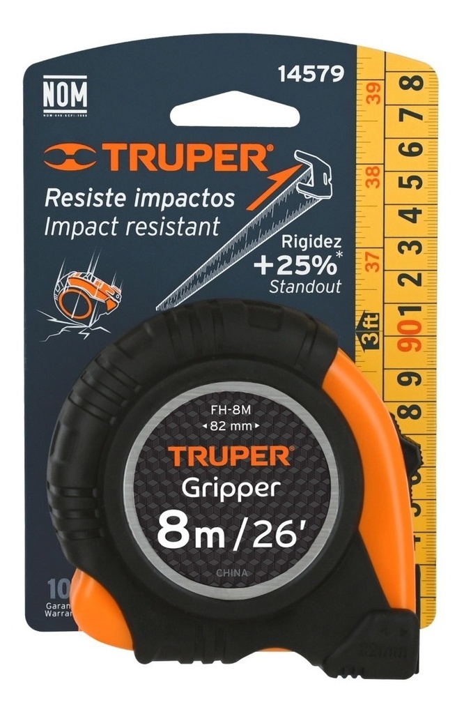 [TR-FH-8M] Flexómetro Gripper Contra Impactos8m Cinta 25mm Truper 14579