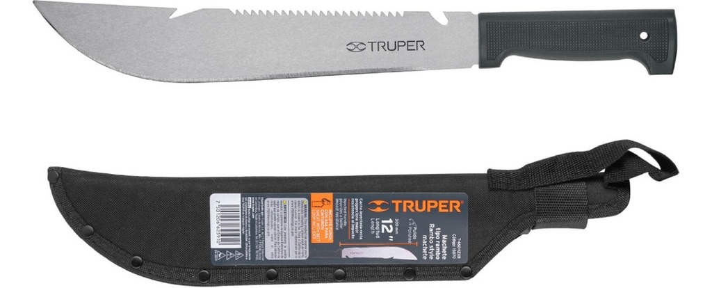 [TR-T-460-12XB] Machete Rambo 12" Cacha Inyectada Negra, Con Funda, Truper