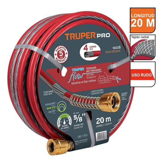 Manguera 5/8 Super Reforzada 4 Capas 20 M Conexiones Metal Rojo Truper