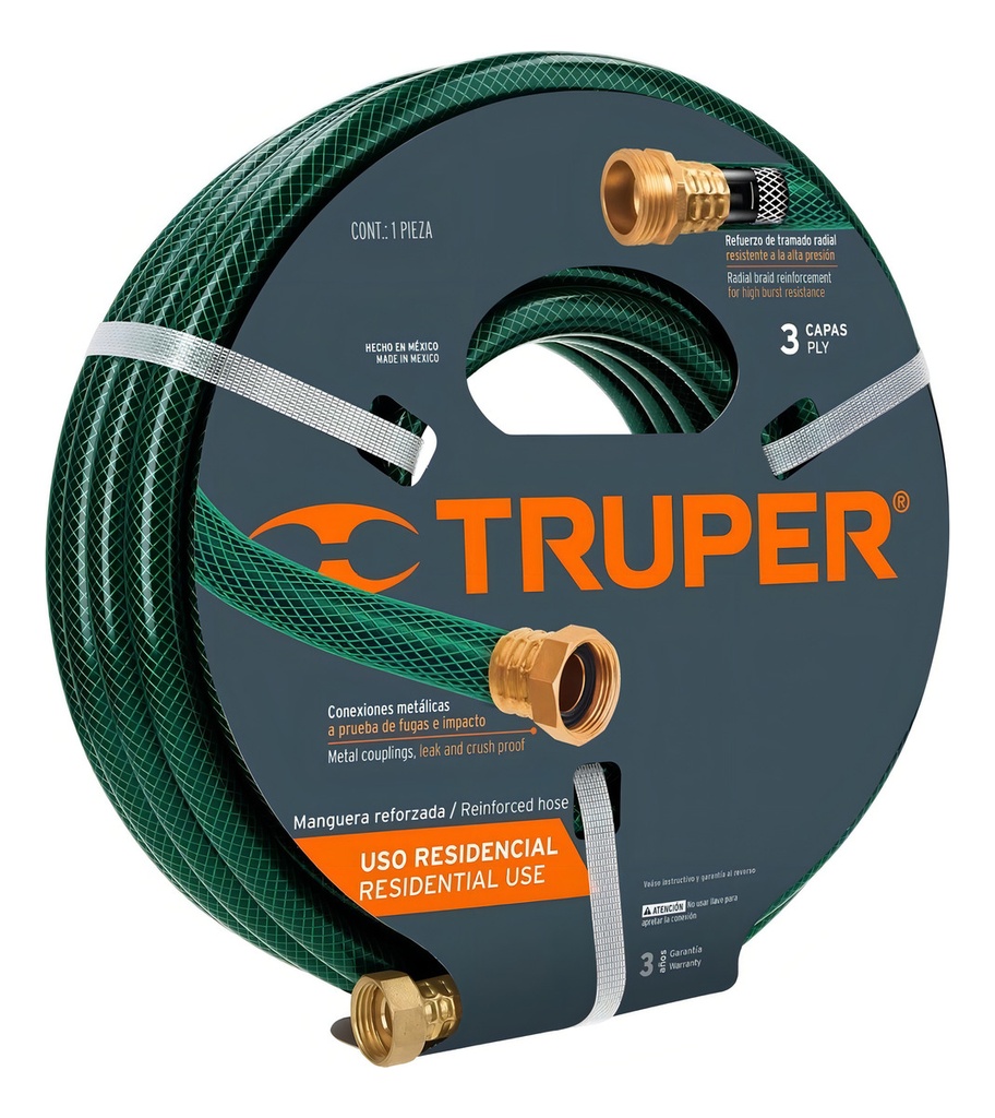 Manguera De Jardin 5/8 " Reforzada 3 Capas 25 Mt Color Verde Truper