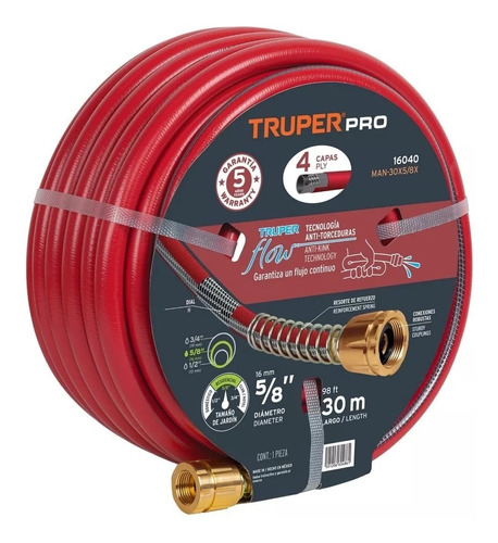 Manguera Truper Man-30x5/8x Rojo De 5/8  De Diámetro Y 30m De Largo