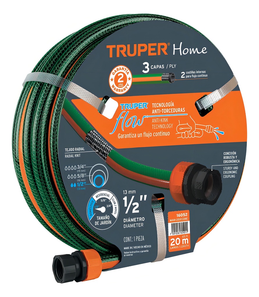Manguera 1/2 Truper Plastica 3 Capas 20 Mts 16052 Verde