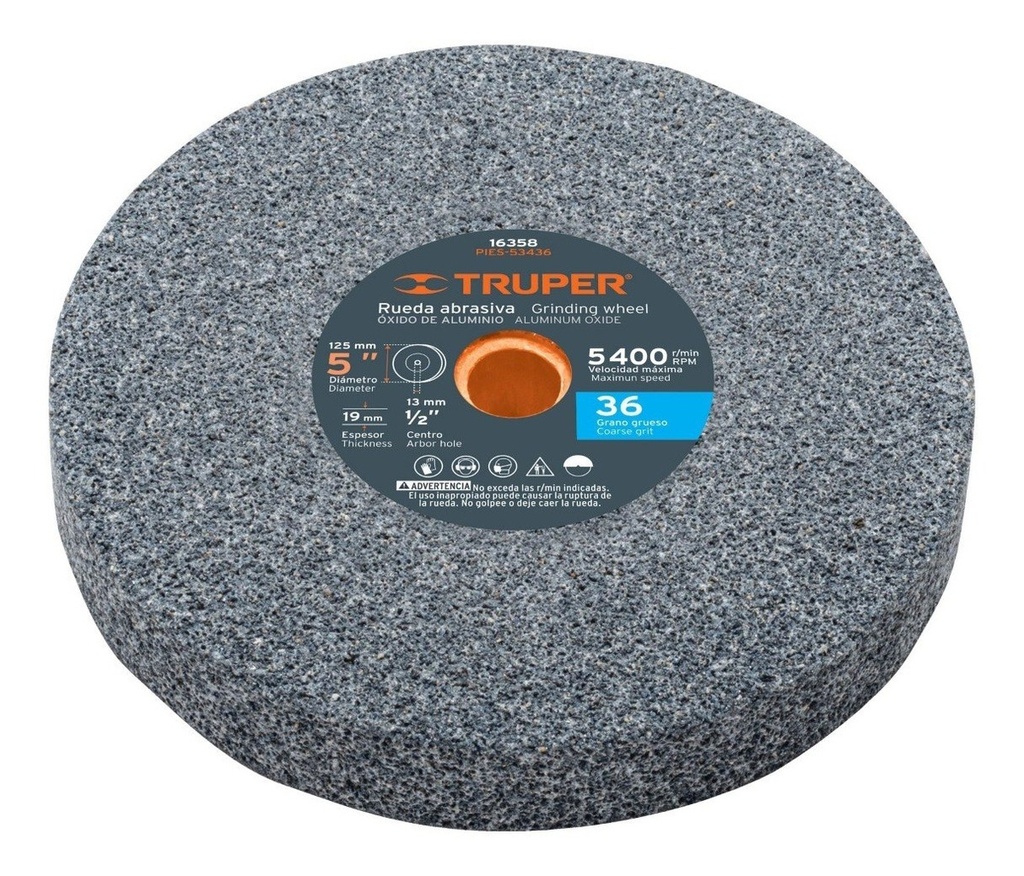 [TR-PIES-53436] Rueda Abr. 5" X 3/4" X 1/2" Grano 36 Ox. Al. Truper 16358