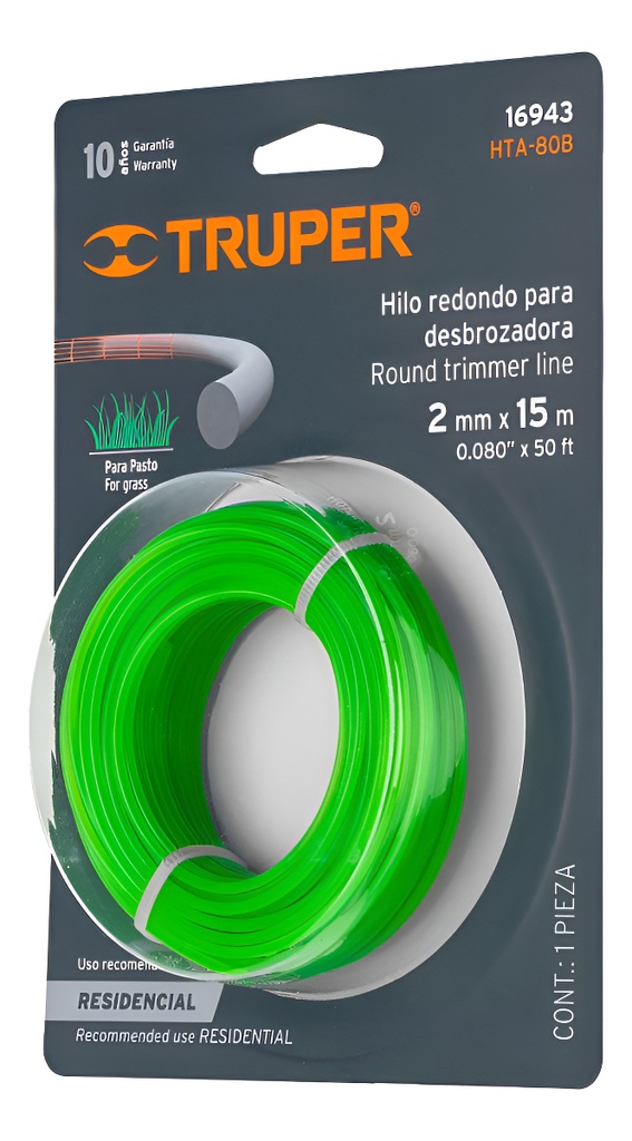 Hilo Redondo Nylon Para Desbrozadora Wilo 2mm 15 M Truper Color Verde