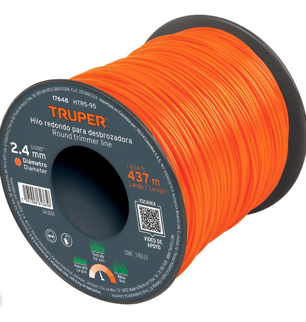 Hilo Redondo Desbrozadora Carrete 437 M 2.4 Mm Truper 17648 Color Naranja Claro