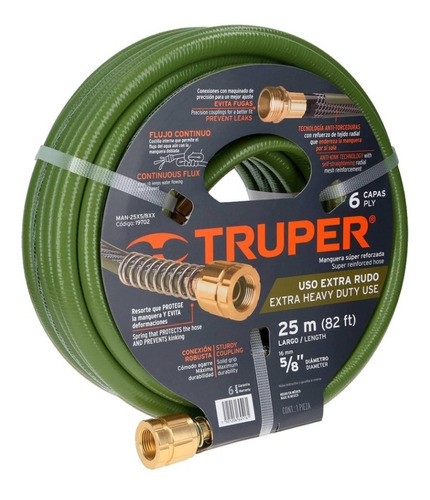Manguera 25 Mts 5/8' Reforzada Uso Rudo 6 Capa Truper 19702 Color Verde Oscuro