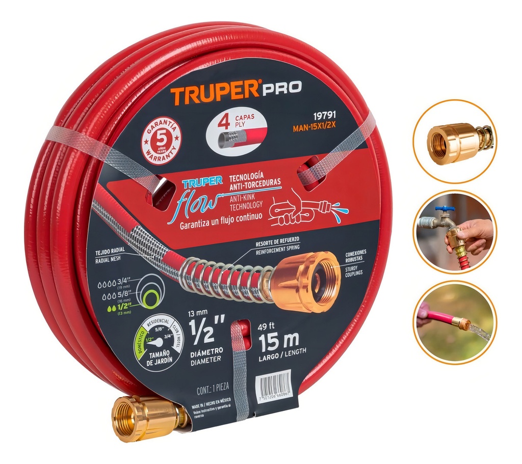 Manguera 1/2 , Super Reforzada, 4 Capas, 15mts. Truper 19791 Color Rojo