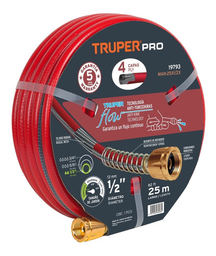 Truper Manguera Super Reforzada 1/2' X 25 Mt Laton - 19793 Color Rojo