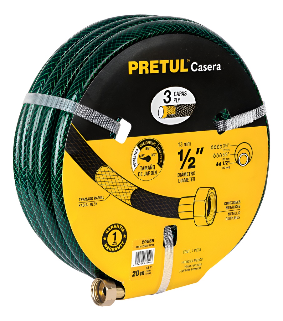 Manguera 3 Capas 1/2'' X 20 Mt Conex. Metalicas Pretul 20655 Color Verde Oscuro