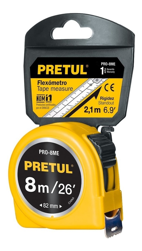[TR-PRO-8ME] Flexómetro, Amarilla, 8 Metros, Cinta 25 Mm, Pretul 21603