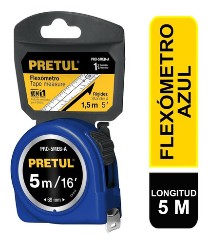 [TR-PRO-5MEB-A] Flexómetro Azul 5m Cinta 19mm Tarjeta Plástica Pretul 21610