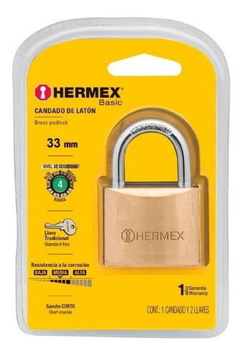 [TR-CL-30P] Candado Latón, 30mm, Gancho Corto, Blister, Hermex 23514 Color Gris