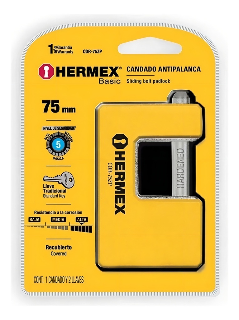 Candado Antipalanca 75mm Cuerpo Metálico, Hermex, 23524 Color Amarillo