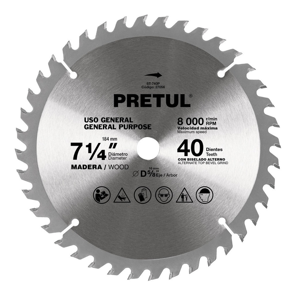 Sierra Circular P/madera 7-1/4 40 Dientes C5/8 Pretul 27056