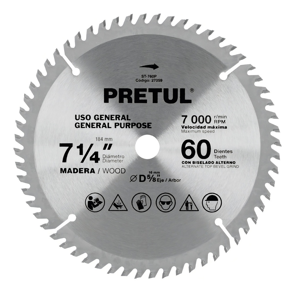 Sierra Circular P/madera 7-1/4", 60 Dientes, Pretul 27059 Plateado