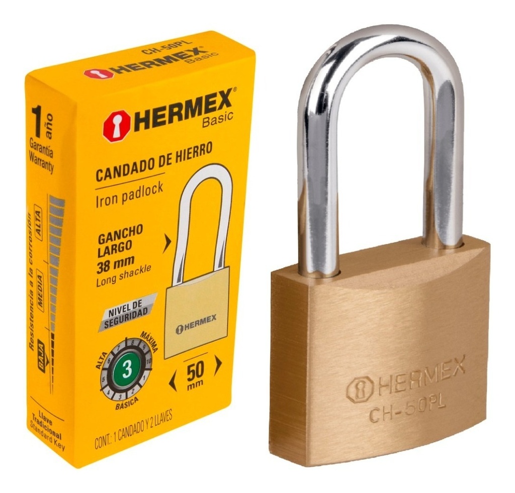 [TR-CH-50PL] Candado Hierro, Laton, 50mm, Largo, Caja, Hermex 27072 Color Dorado