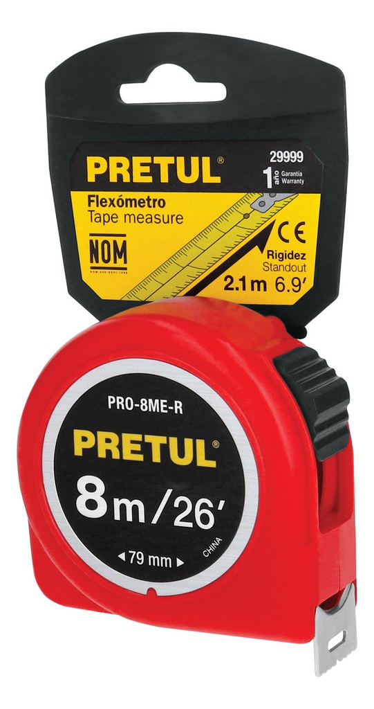 [TR-PRO-8ME-R] Flexómetro Rojo 8m Cinta 25 Mm Pretul Tarjeta Plástica 29999