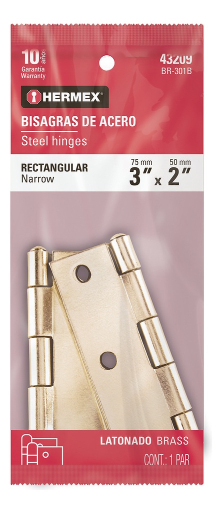 Bisagra Rectangular 3'', Latón, 2 Pz Hermex 43209