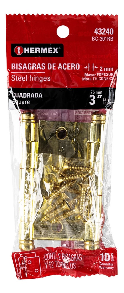 [TR-BC-301RB] Bisagra Cuadrada 3" Latonada Cabeza Redonda 2 Pz Hermex 43240