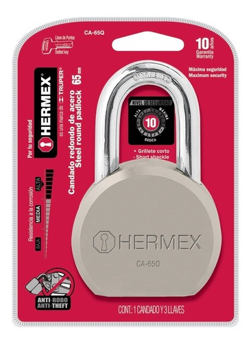 [TR-CA-65Q] Candado Hermex Redondo 65mm 3 Llaves de Punto Gancho Normal