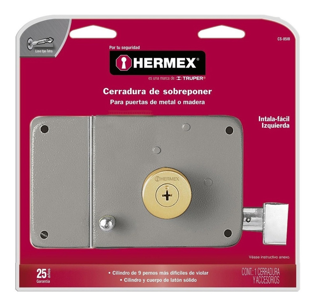 [TR-CS-85IB] Cerradura Sobreponer Fácil Tetra Izq. Hermex 43586 Color Gris